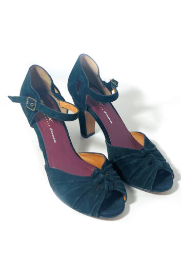 Re-Mix Vintage Shoes Black Suede Heels Size 6.5 Charleston Peeptoe Pumps - Picture 2 of 10