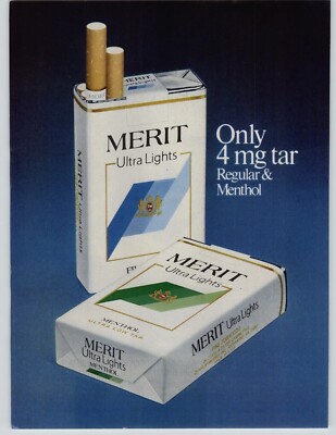 1981 Merit Ultra Lights Cigarettes Vintage Smoking Ad 2 Cigarette Packs Art 