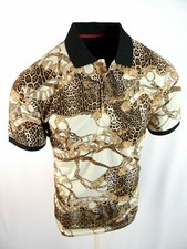 Mens Polo Shirt Beige Brown Jeweled Animal Prints Slim Fit Stretch 3 Button