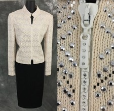 STUNNING St John couture jacket knit ivory rhinestones embellished blazer 8