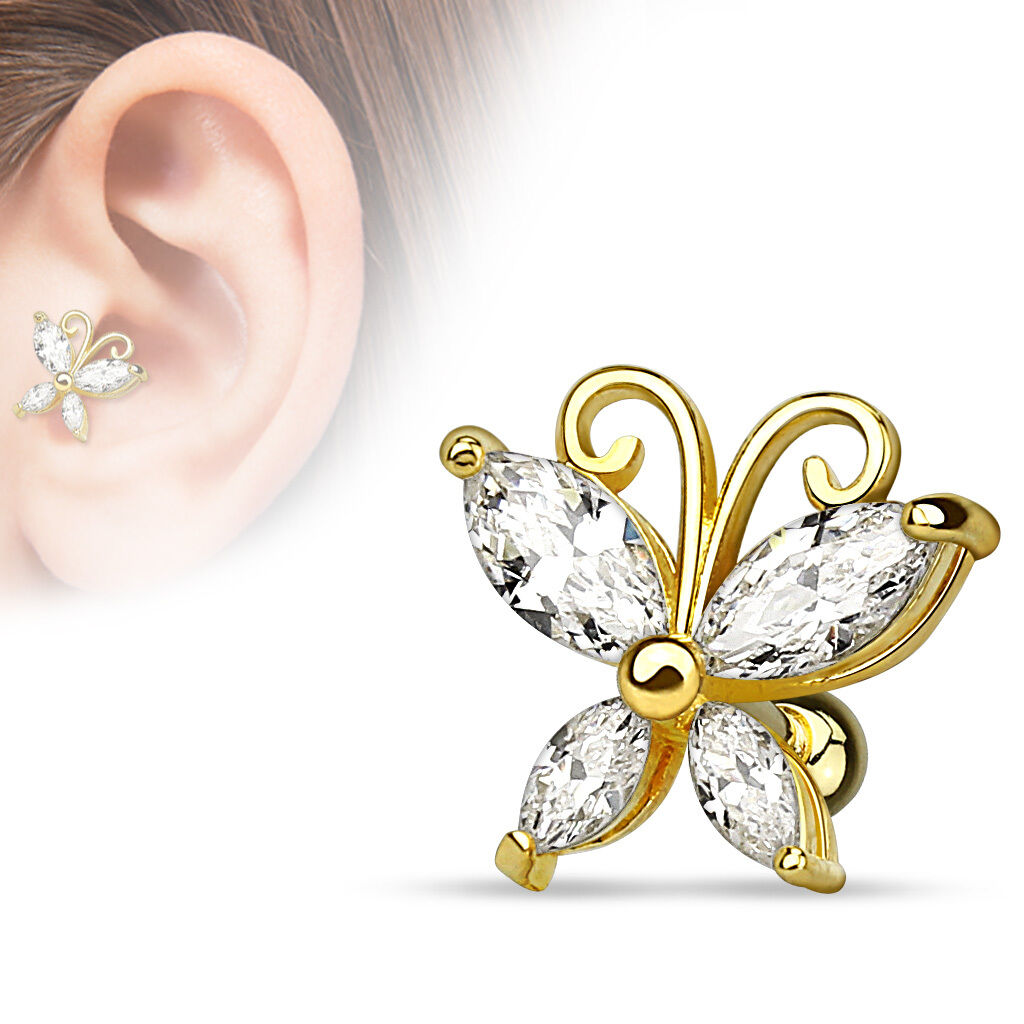 Tragus Piercing with crystal stones (Gold Plated Surgical Steel 316L/Gold  Plated Brass)