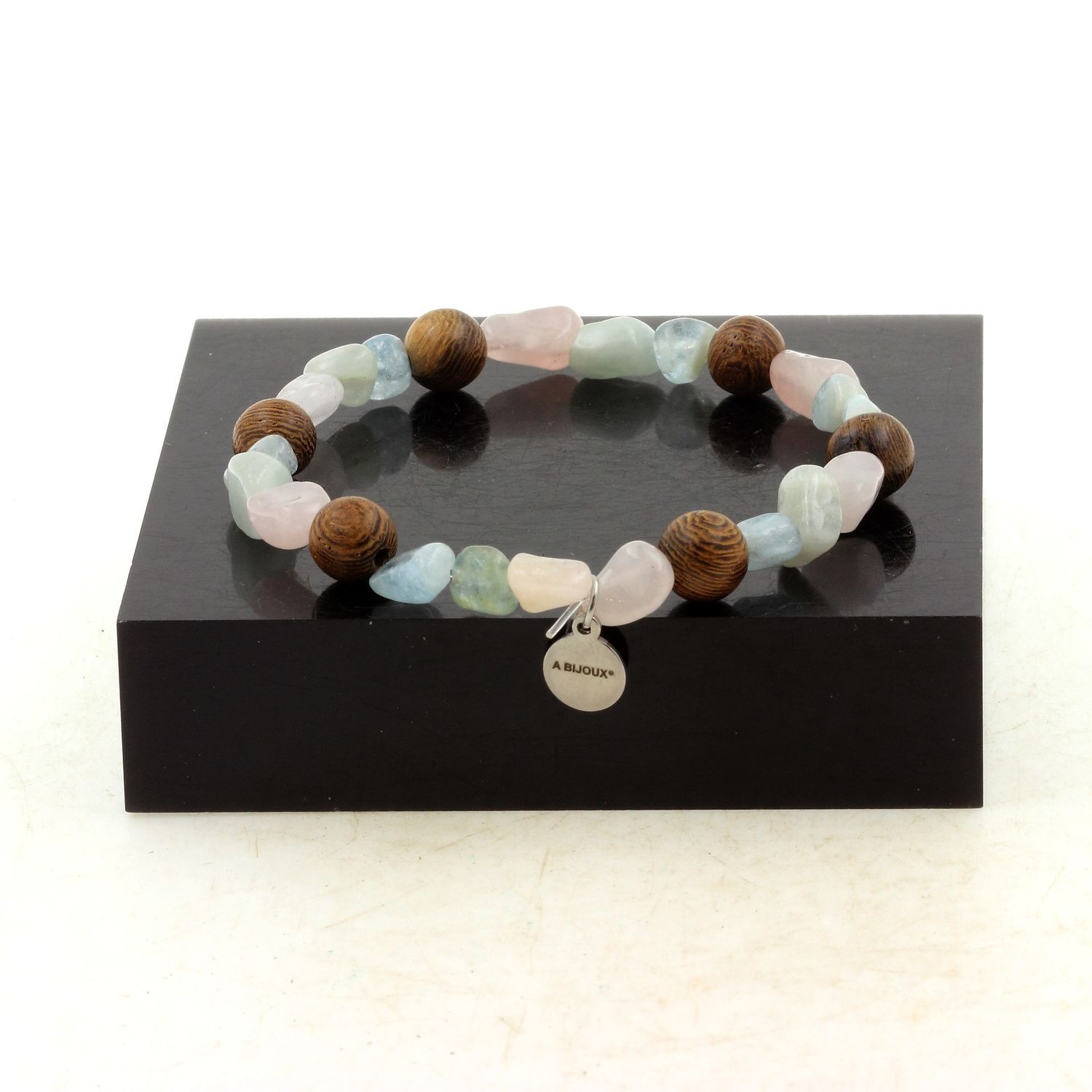 Bracelet béryl morganite contre le stress perles bois 8mm poignet homme