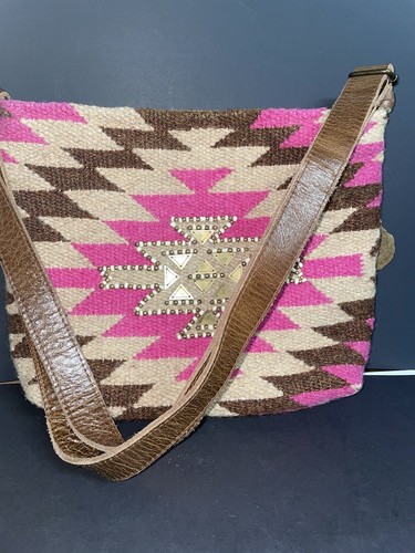 Catchfly Studio Aztec Rug Handbag Pink & Brown Handwoven Bead Jewelry Leather