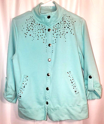 Good Fortune Women's Medium Aqua Blue Lightweight Studded Snap up Jacket