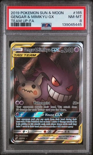 2019 POKEMON SUN & MOON TEAM UP #165 FULL ART/GENGAR & MIMIKYU GX PSA 8