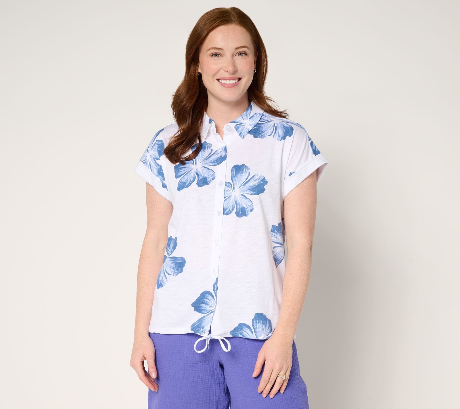 Belle by Kim Gravel Women's Top Plus Sz 2X Aloha Awaits Drawstring White A688052