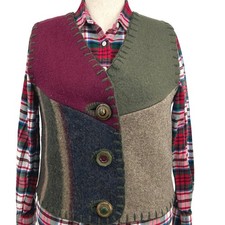 Baabaazuzu Upcycled Patchwork Wool Vest L Boho Festival Layering Button Front