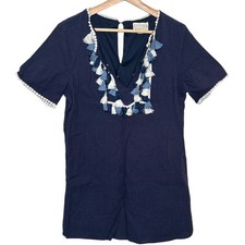 Loverich Navy Short Sleeve Tassles Neckline Fully Lined Short Tunic Dress Size L