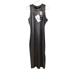 NWT Guess Medium Metallic Silver Ribbed Bodycon Sleeveless Midi Dress