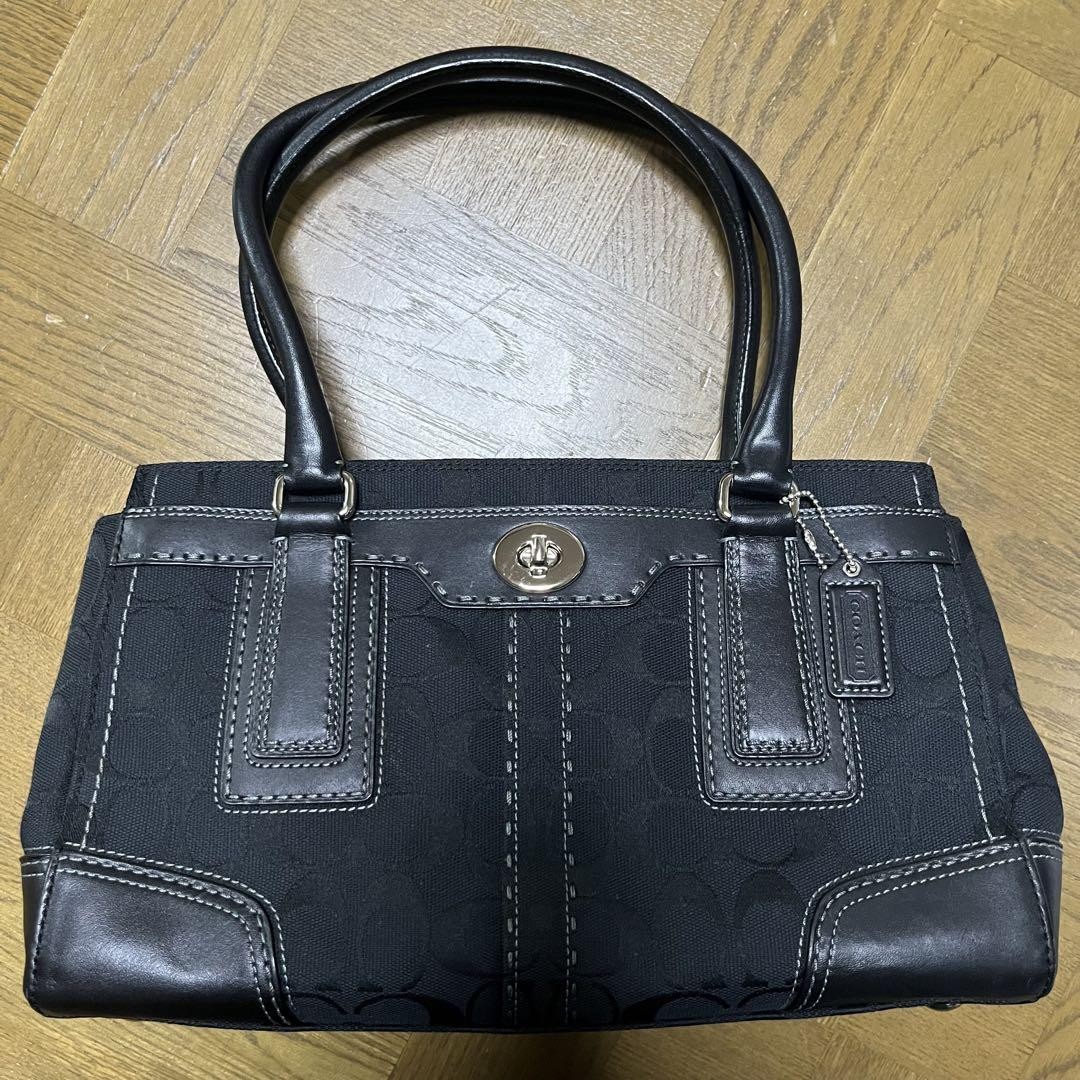 Coach Signature Black Leather Canvas Handbag 31x18.5x10cm Pre-Owned