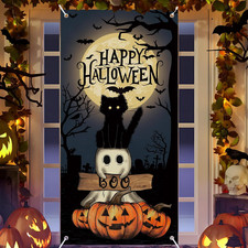 Happy Halloween Door Cover Pumpkin Cat Ghost Door Banner for Indoor Outdoor Wind