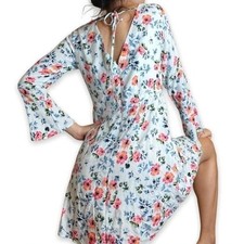 Loft White Floral Print Long Sleeve Dress with Tie Back sz 12