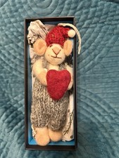 Felted Wool Christmas Mouse Ornament In Dress Clothes, Santa Hat, Holding Heart