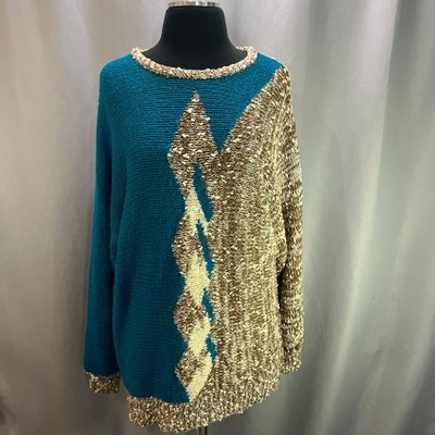 Summit Too Sweater Womens L Multicolor Geometric Print Chunky Knit Ribbed Trim