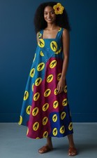 Ankara African Colorful Bird Print Tent Dress Sz L Caftan Midi Stripe Polka Dot
