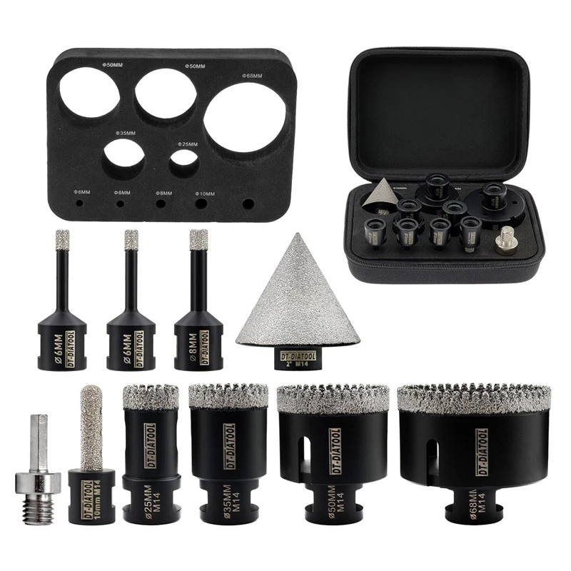 DT-DIATOOL 10 Stück vakuumgelötete Diamantbohrkronen Set Fasenbohrer Hex Adapter