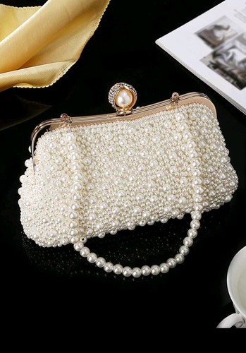 Women Pearl Clutch Bag Crystal Handmade Beaded Evening Bag Wedding Chain Handbag