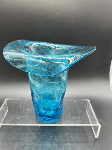 Blenko Pinched Art Glass Hand Blown Sea Blue Crackle  Vase Top Hat Shape 6" Tall