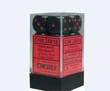 Chessex Dice d6 Sets Opaque Black with Red 16mm Six Sided 12 Die CHX 25618