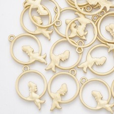 4 Mermaid Charms Matte Gold Fairy Tale Pendants Open Circle Fairytale Jewelry