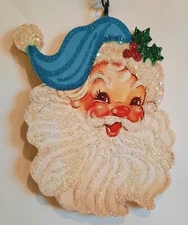 SANTA FACE w 🔵 BLUE HAT & HOLLY SPRIG *  Glitter CHRISTMAS ORNAMENT * Vtg Img
