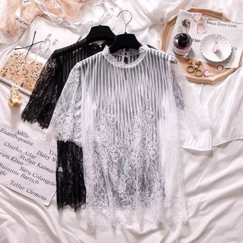 Women Slim Floral Lace Tops Cutout Sheer Tulle Shirt Half Sleeve Pullover