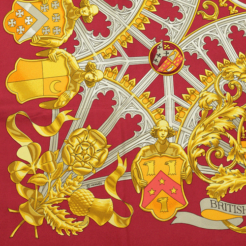 Sciarpa Hermes Araldica Britannica 90 cm Seta Carre Oro Rosso VLADIMIR RYBALTCHENKO - Foto 6 di 6