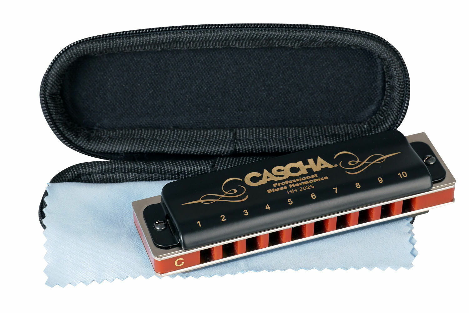 Cascha Professional Blues Mundharmonika C-Dur 10-Loch diatonisch Etui Pflegetuch