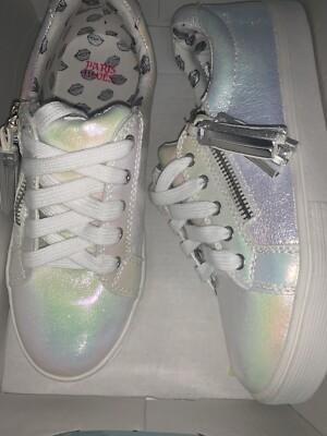 Paris Blues Girls Sz 3 Side Zip White Rainbow Iridescent Silver Charm Shoes NIB