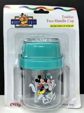 Vintage Mickeys Stuff For Kids Toddler Two Handle Cup Pop-up Straw Evenflo NEW