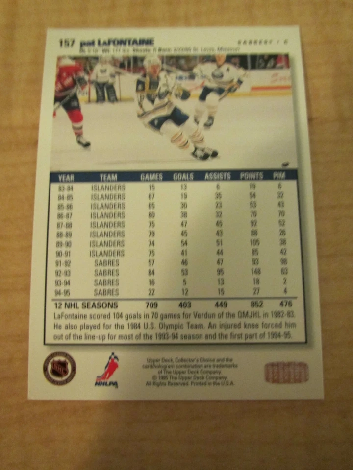 1995-96 Upper Deck Collectors Choice Player Club Platinum Pat LaFontaine #157 - Image 3 of 3