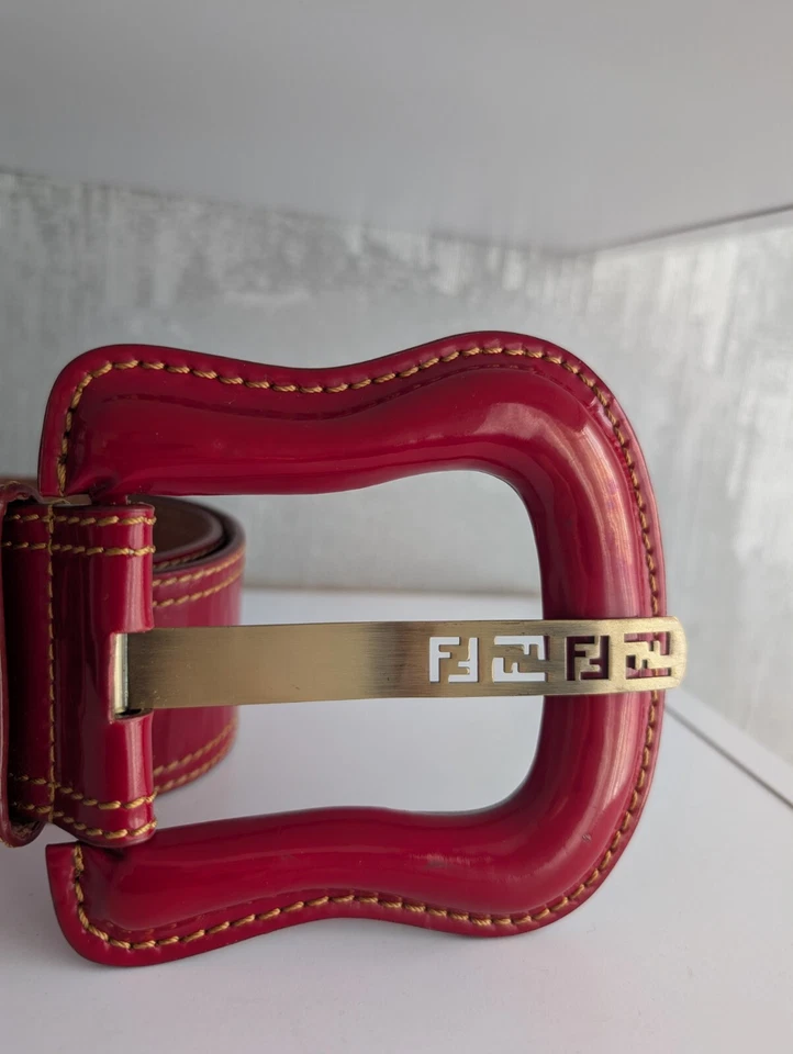 Fendi B Hebilla Borgoña Rojo Charol Vestido Ancho Top Blusa Cinturón 32" 95 cm Foto 4 de 4