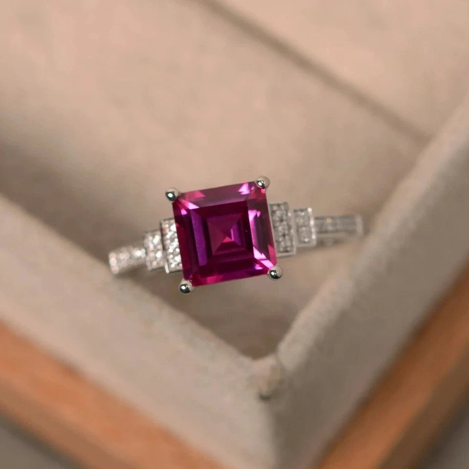Pink Ruby Ring Lab Created Princess Cut Gemstone Sterling Silver Women Ring - Image 2 of 4