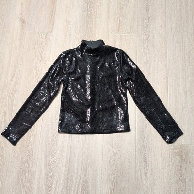 Express Body Contour Black Sequin Mock Neck Long Sleeve Top Back Zip Medium