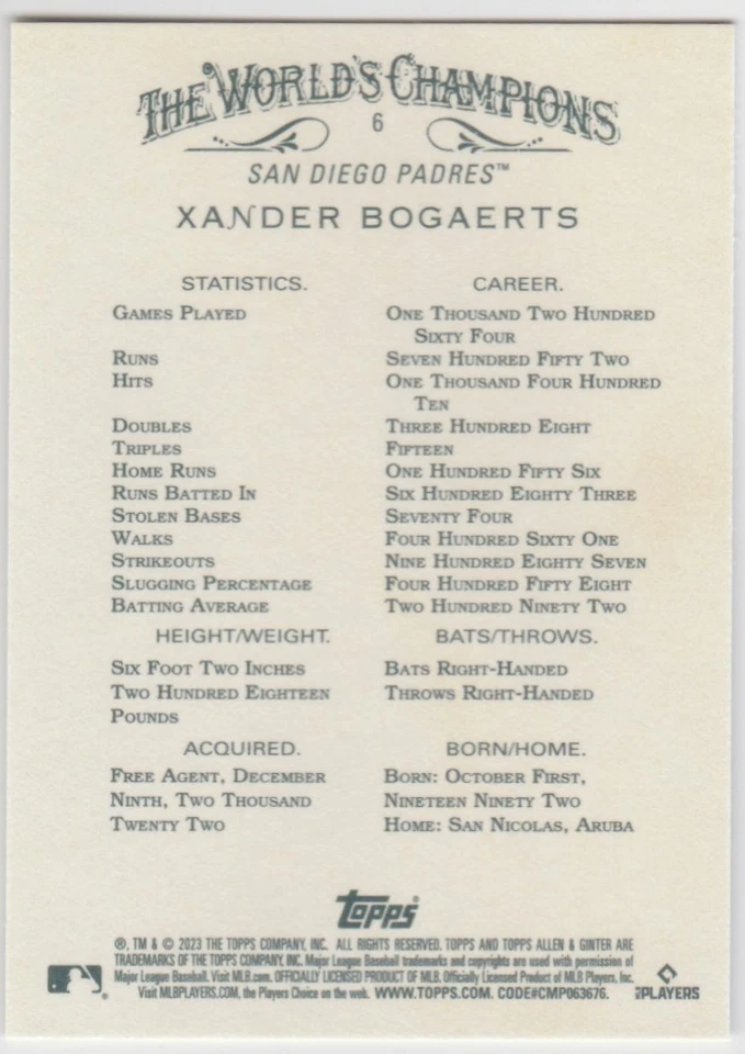 2023 Topps Allen & Ginter #6 Xander Bogaerts - Image 2 of 2