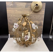 Vintage Hollywood Regency Gold Tone Birdcage Chandelier with Porcelain Flowers