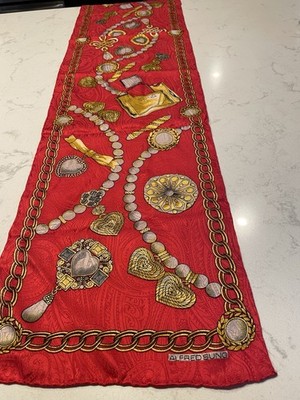 Alfred Sung Red Silk Scarf Perfume Jewelry Pearls Scarf 51x10 Rolled Hem
