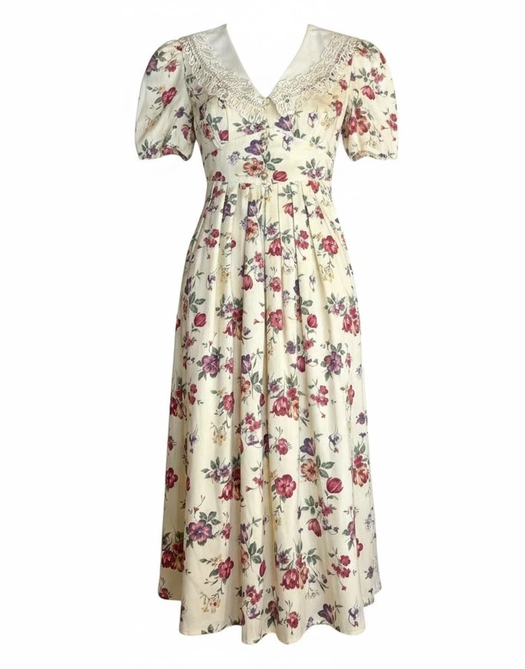 Maxi Vestido Floral Vintage Manga Corta Cuello Encaje Modesto Cottagecore Pequeño Foto 2 de 4