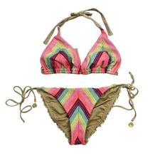 Luli Fama Bikini Set Womens Size XL Multicolor Striped Crochet Metallic Swim