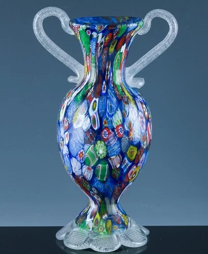 VERY NICE LARGER MURANO ITALIAN MILLEFIORI PAPERWEIGHT ART GLASS HANDLED VASE