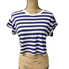 Divided by H&M Blue and White Striped Short Sleeve Cropped T-Shirt Top Sz S