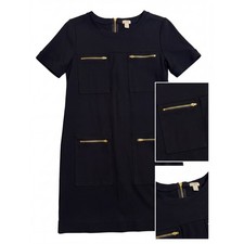 J.Crew Womens Black Ponte Shift Dress Gold Zipper Pockets Size 8 Short Sleeve