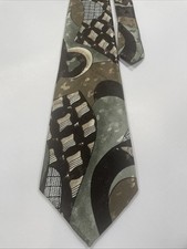 Vintage Gianno Abstract Geometric Tie Brown Green USA Made 100% Polyester
