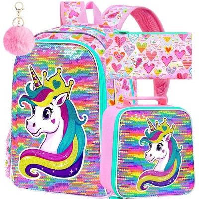 3Pcs Unicorn Backpack Set for Girls - 16'' Rainbow Sequin Bookbag & Lunch Box