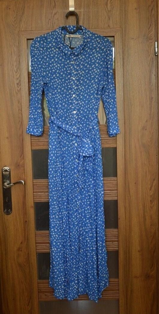 ZARA RARE MARILYN LONG POLKA DOT PRINTED SHIRT DRESS BLUE WHITE Size M/S