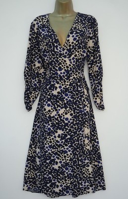 SOON MATALAN CREME SCHWARZ BLAU BEDRUCKT WICKELOPTIK RÜSCHENÄRMEL MIDI TEE KLEID GRÖSSE 16