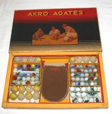 1930's AKRO AGATE NO. 300 MARBLES SET, ORIGINAL BOX, 92 MARBLES  BAG, EXC COND 