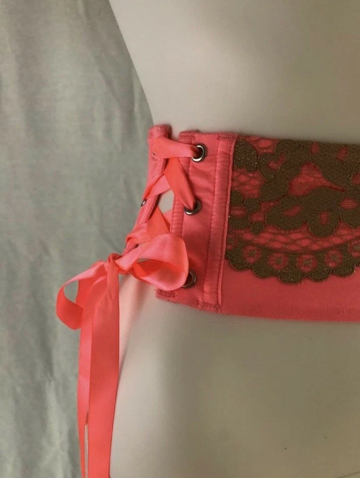 Nuevo con etiquetas Victoria's Secret Cintura Ajustadora Liguero Satinado Dorado Encaje Bling Coral Melocotón XS Foto 4 de 4