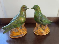 JARU Pigeon Pair Art Pottery Green Yellow Color Heavy Bisque 1950 Bird Statue
