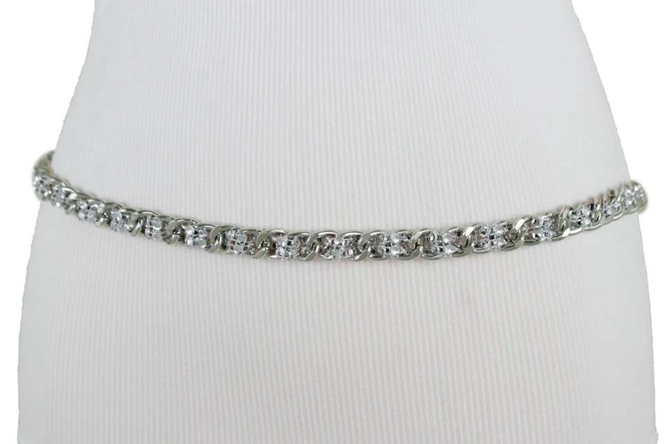 Mujeres Moda Cinturón Plata Malla Cuentas Bling Metal Cadena Eslabones Cintura Cadera M L XL Foto 2 de 4